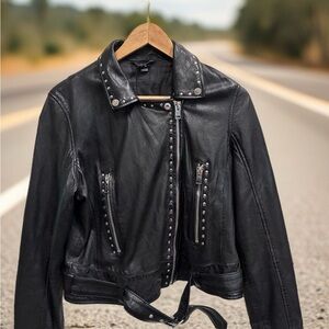 Mauritius Studded Black Leather Biker Jacket - Women XL